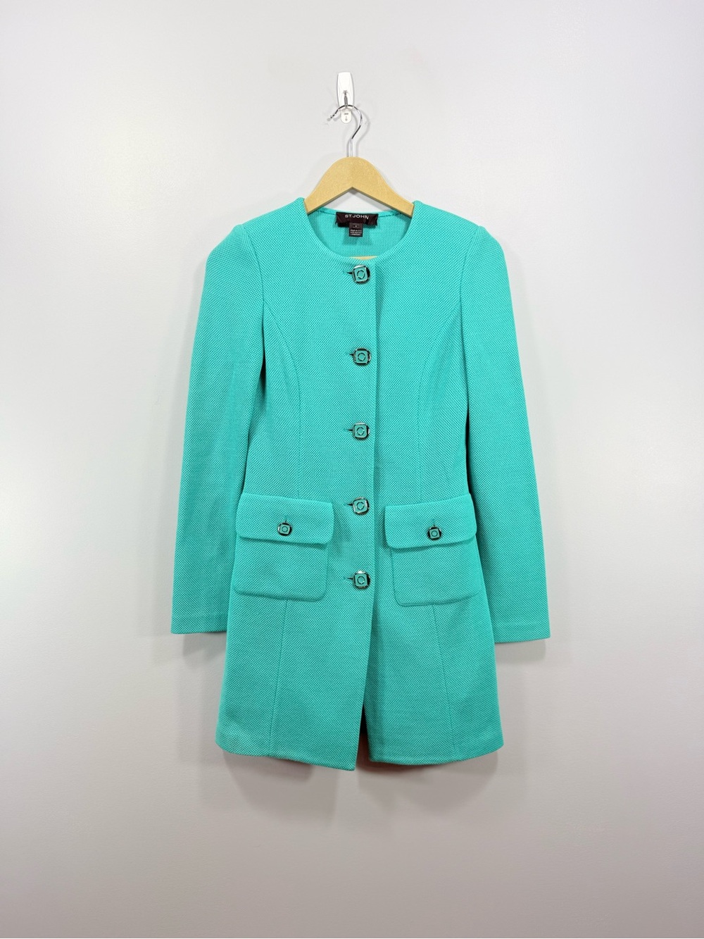 St. John Aqua Textured Longline Coat with Detailed Buttons